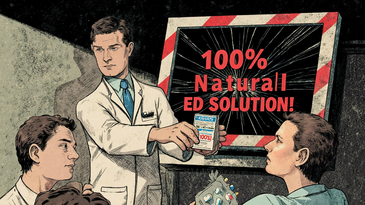 A doctor gives approved medication while shadowy online sellers offer dangerous pills in the background.