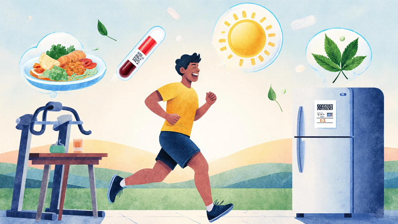 A man jogging at sunrise with healthy lifestyle icons replacing pills, symbolizing natural ED improvement.