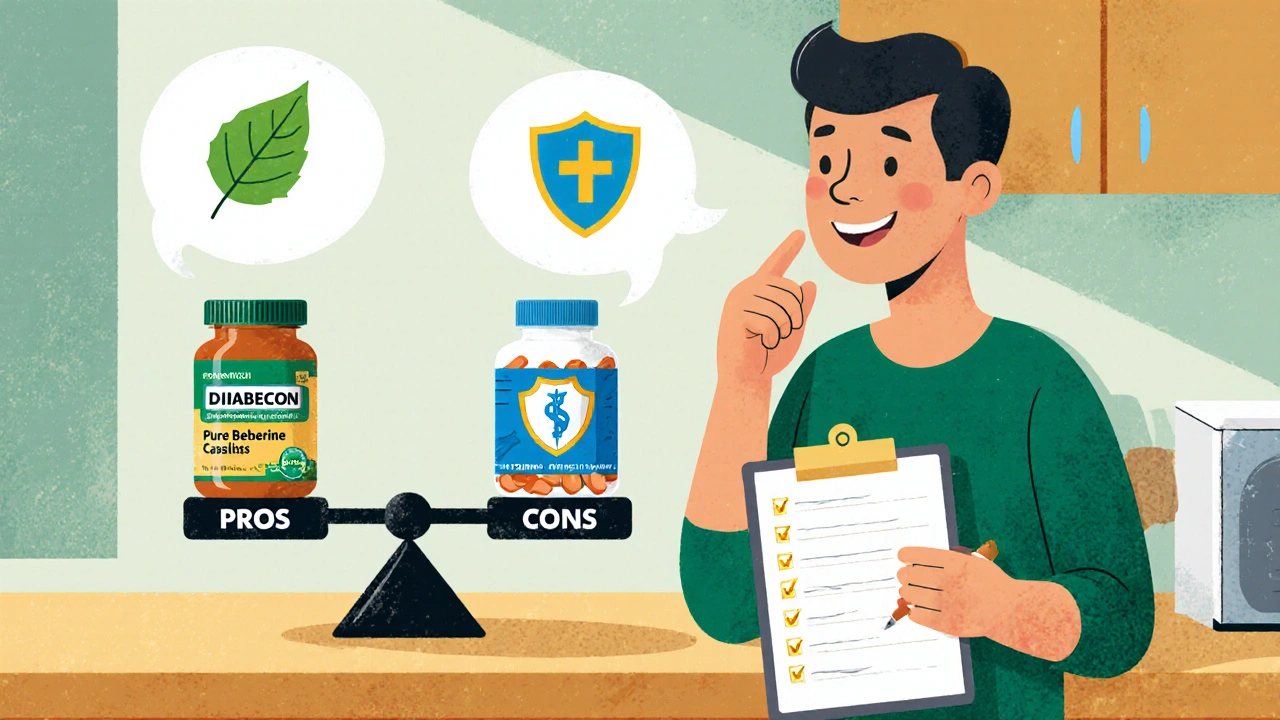 Adult comparing Diabecon, berberine, and metformin on kitchen counter with scales.