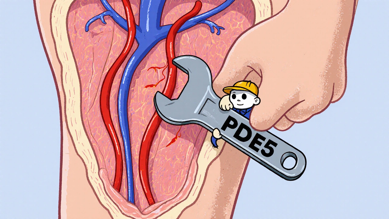 Cartoon diagram showing blood flow increasing as a PDE5 inhibitor is turned off.