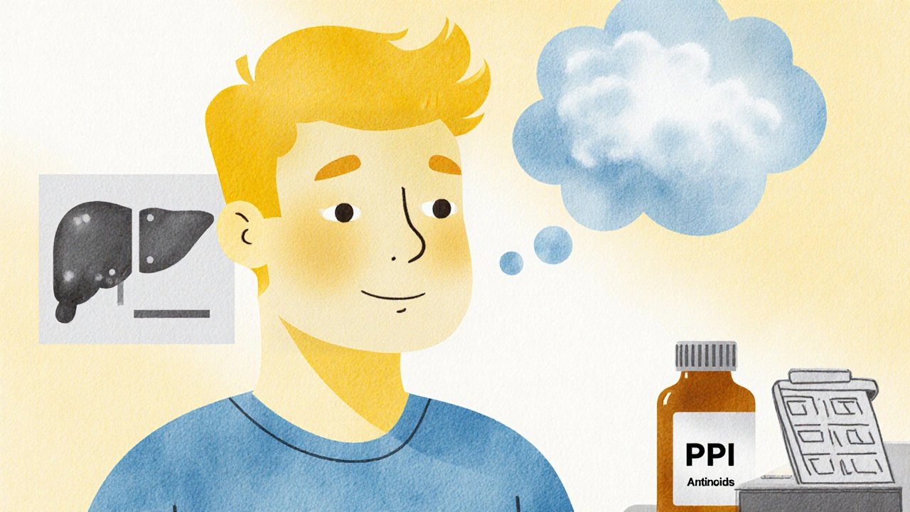Cartoon of a person with mild yellowing and brain‑fog thought bubble near antacids.
