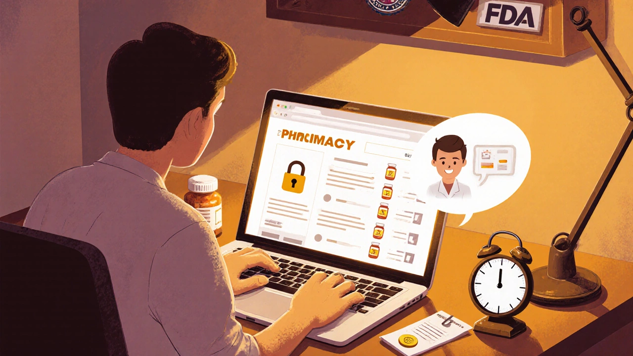 Cartoon person checking a secure online pharmacy site with pill bottles and safety icons.