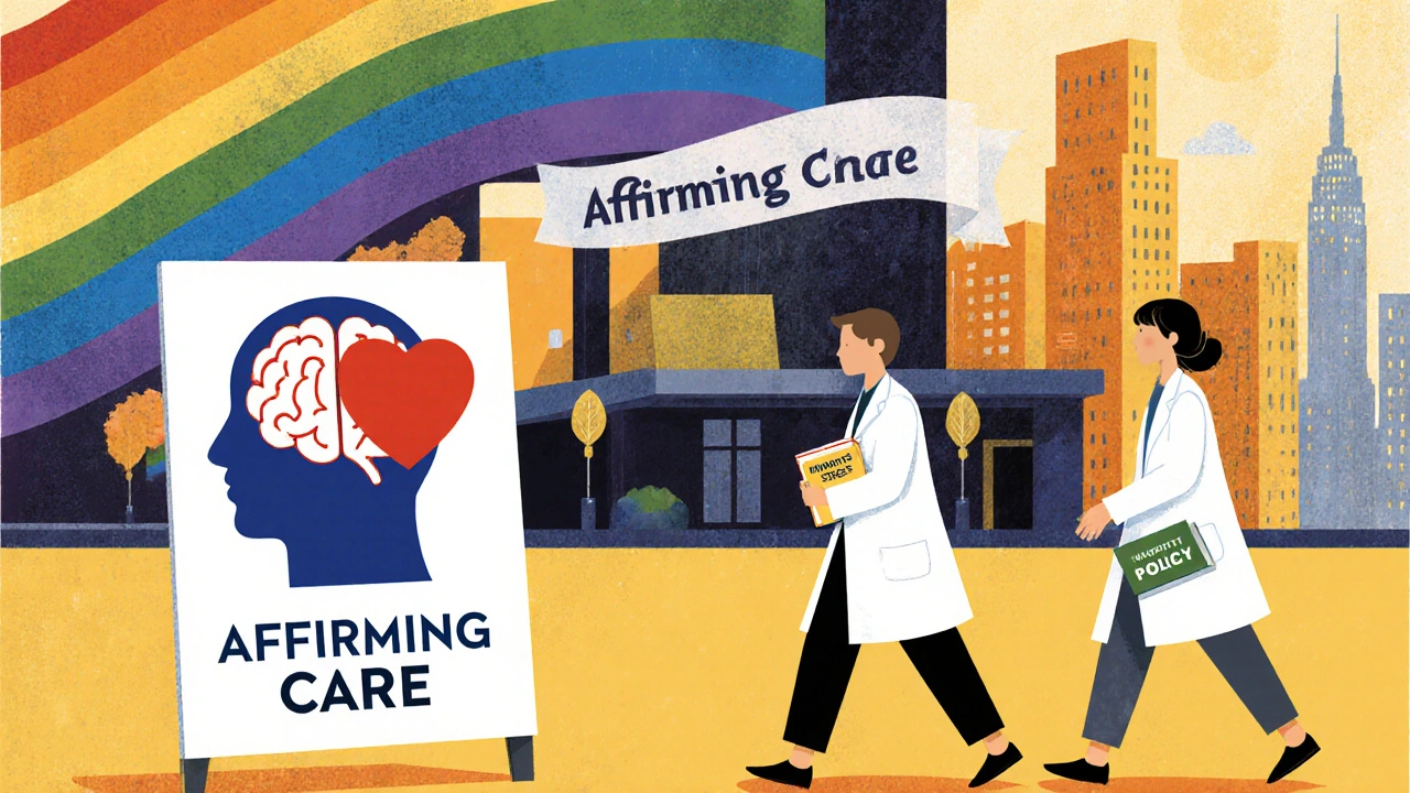 City clinic with rainbow banner and posters linking brain health to inclusive care.