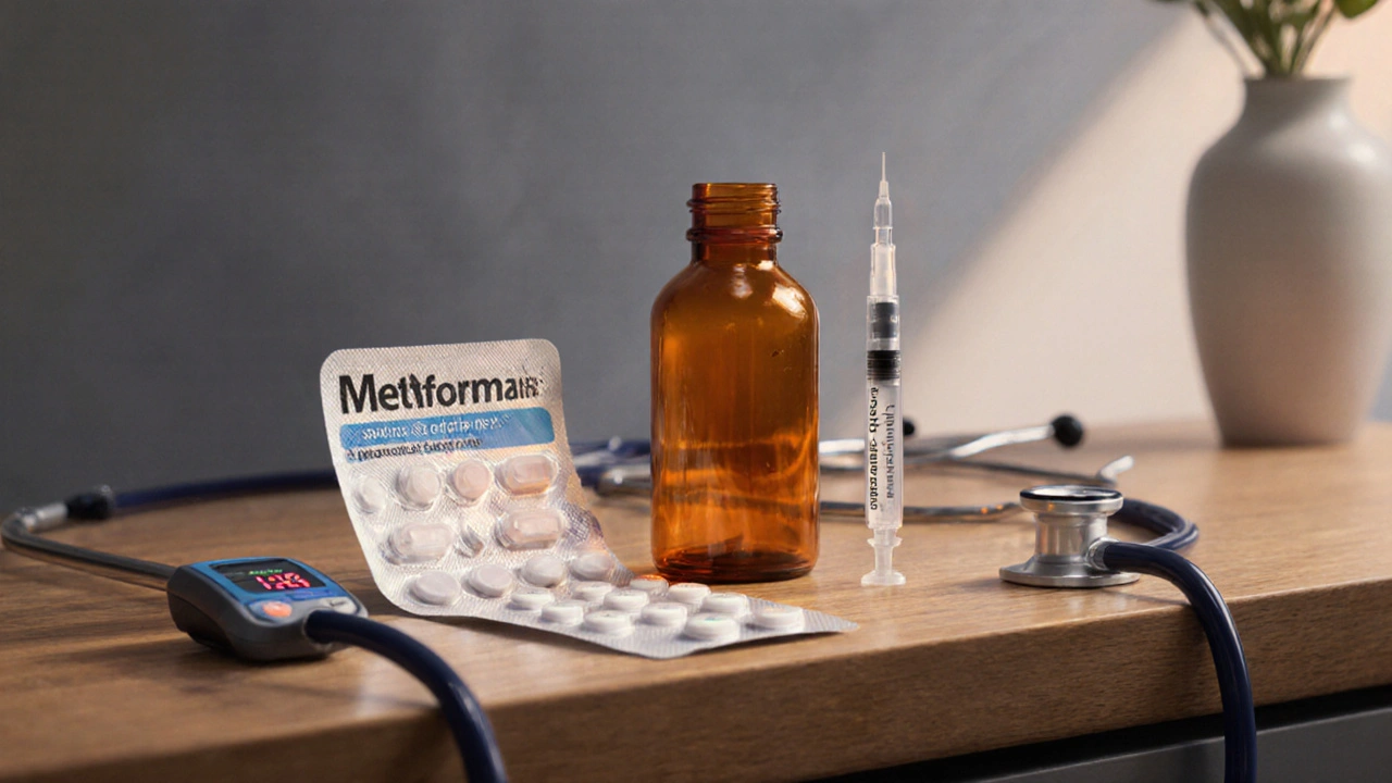 Clinic countertop with Metformin, empagliflozin bottle, and liraglutide injector.