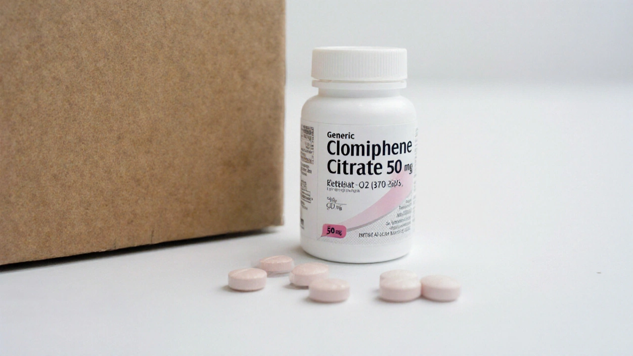 Close-up of Clomid pill bottle beside a shipping box.
