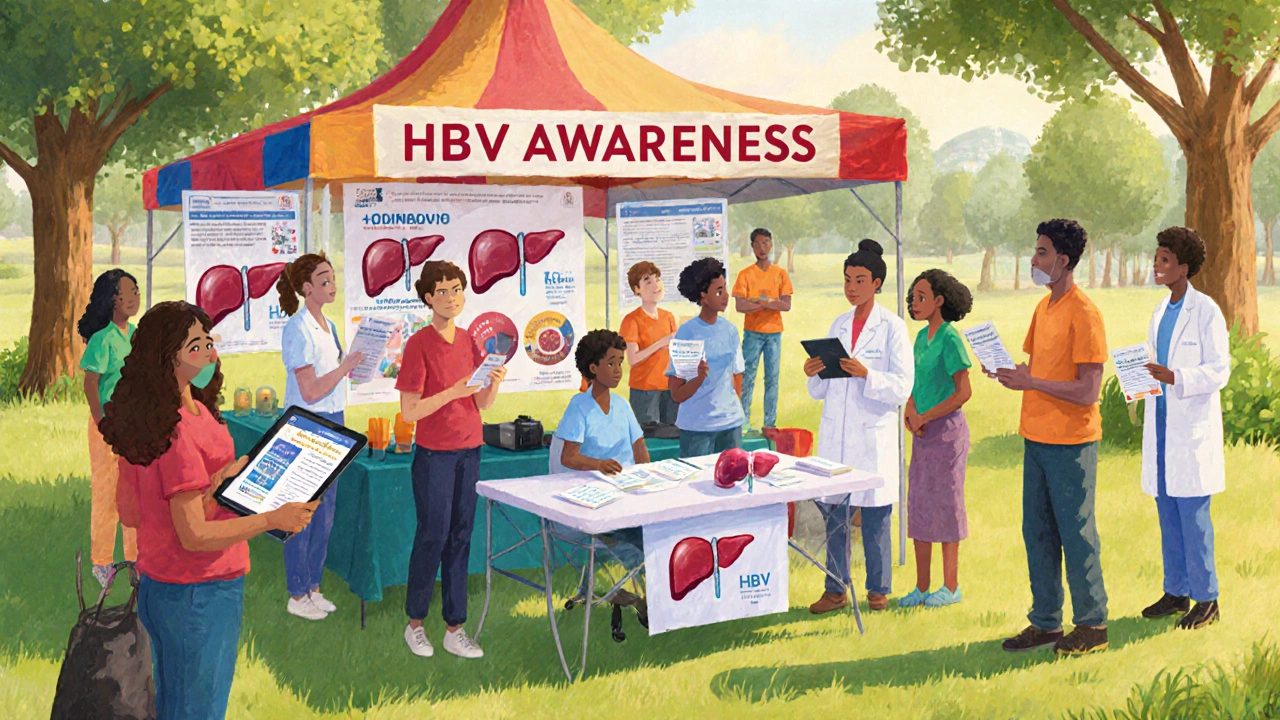 Community health fair with volunteers sharing HBV flyers and a doctor explaining Entecavir.