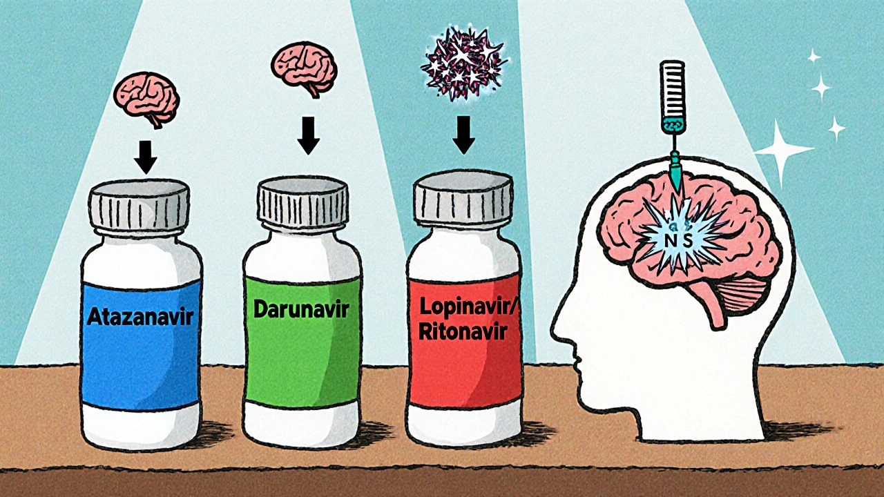 Comparison of three HIV drugs with brain icons and a nanoparticle entering a brain.
