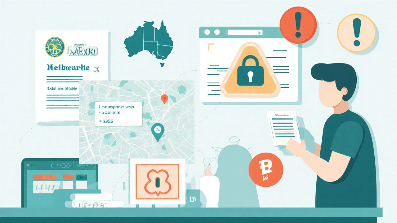 Desk layout showing documents and icons for verifying online pharmacy legitimacy.