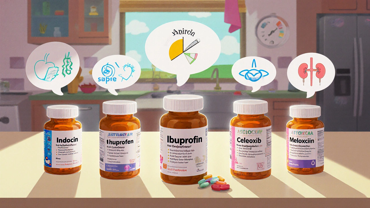 Display of various NSAID bottles with icons for COX selectivity and side effects.