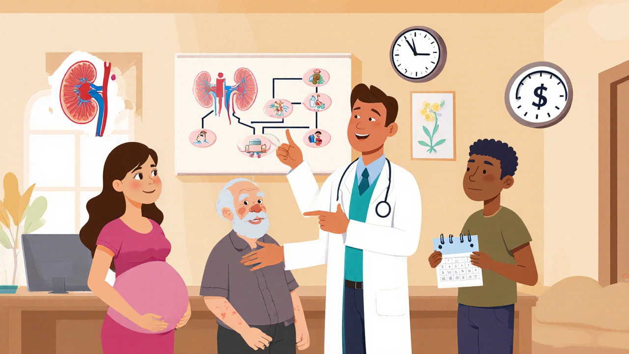 Doctor consulting pregnant, elderly, and young patients with icons for kidneys, time, and cost.