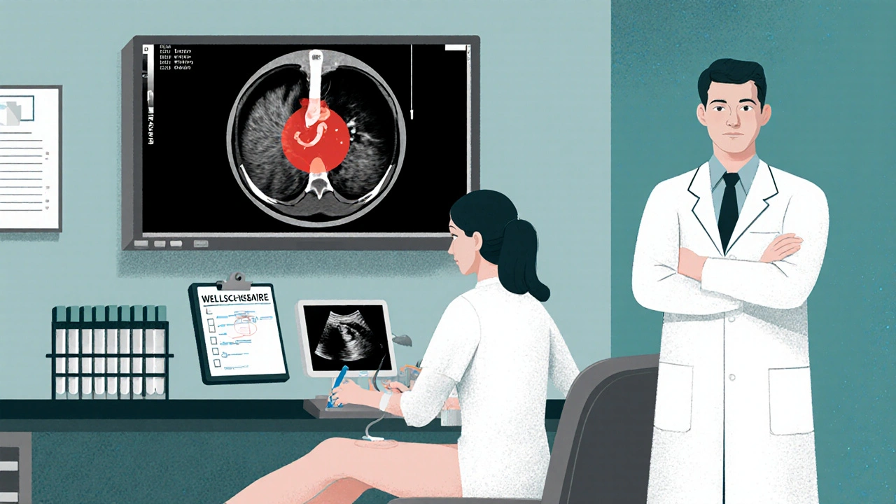 Doctor showing a CT scan with a clot and technician using ultrasound on a leg in a hospital room.