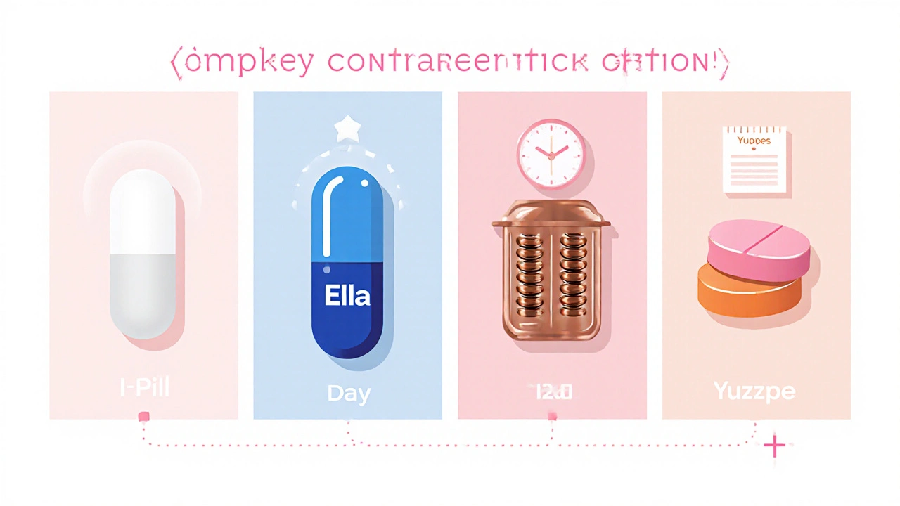 Four‑panel illustration comparing I‑Pill, Ulipristal, copper IUD, and Yuzpe regimen.