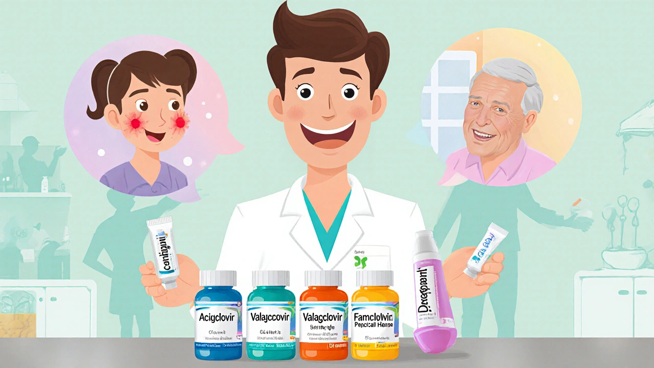 Friendly pharmacist with pill bottles and creams beside patient silhouettes representing infections.