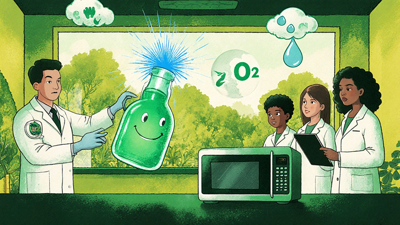 Green chemistry lab with lipase bottle, microwave reactor, and symbols of reduced emissions.