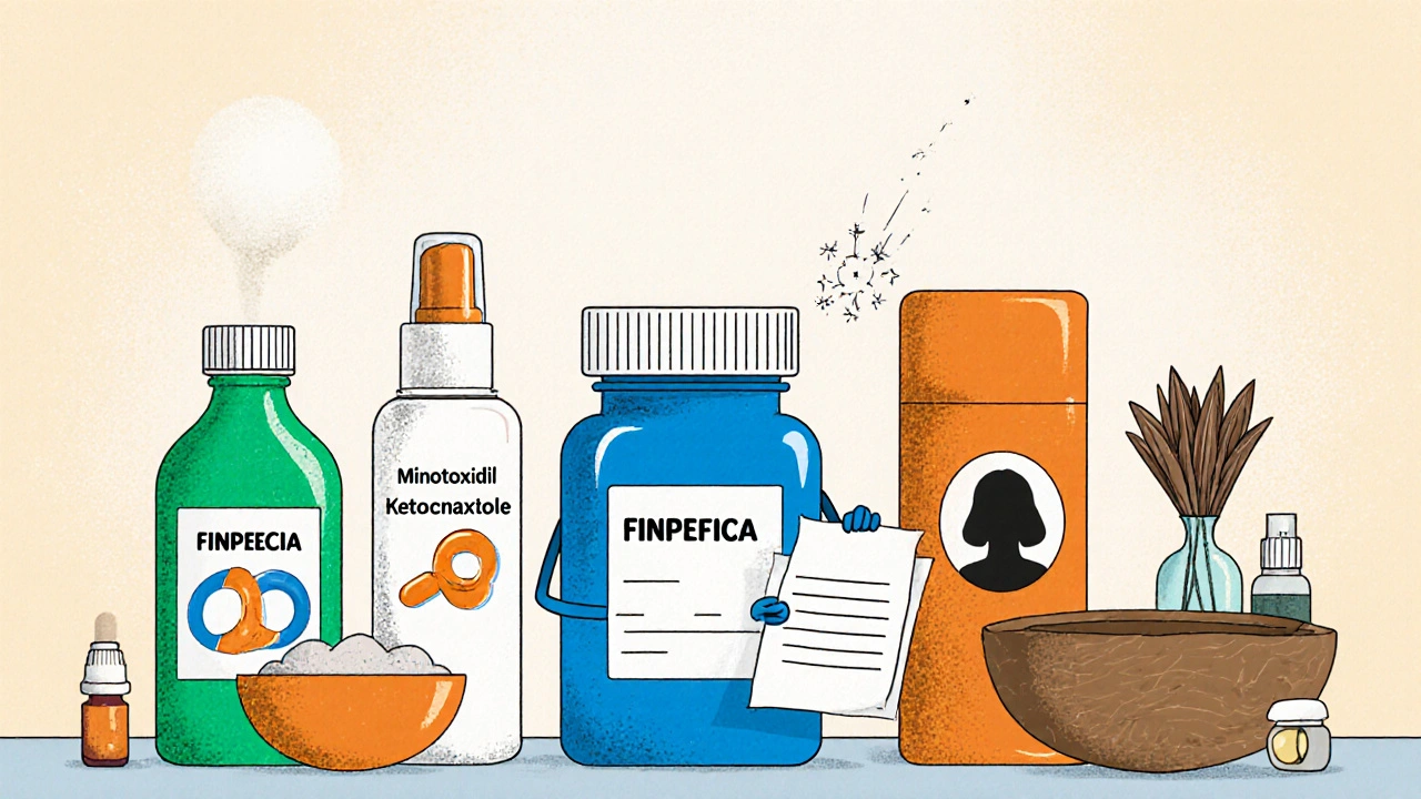 Hair‑loss treatments personified as characters on a countertop.