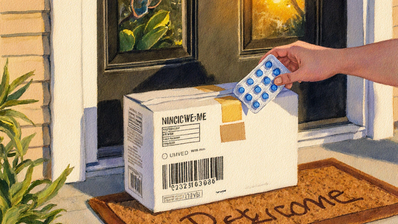 Hand opening a discreet package revealing generic Paxil tablets at a doorstep.