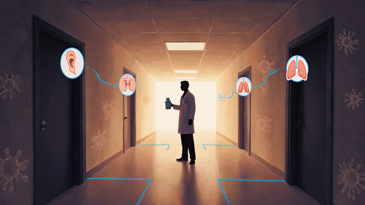 Hospital hallway branching to doors with infection icons, doctor holding a pill bottle in center.