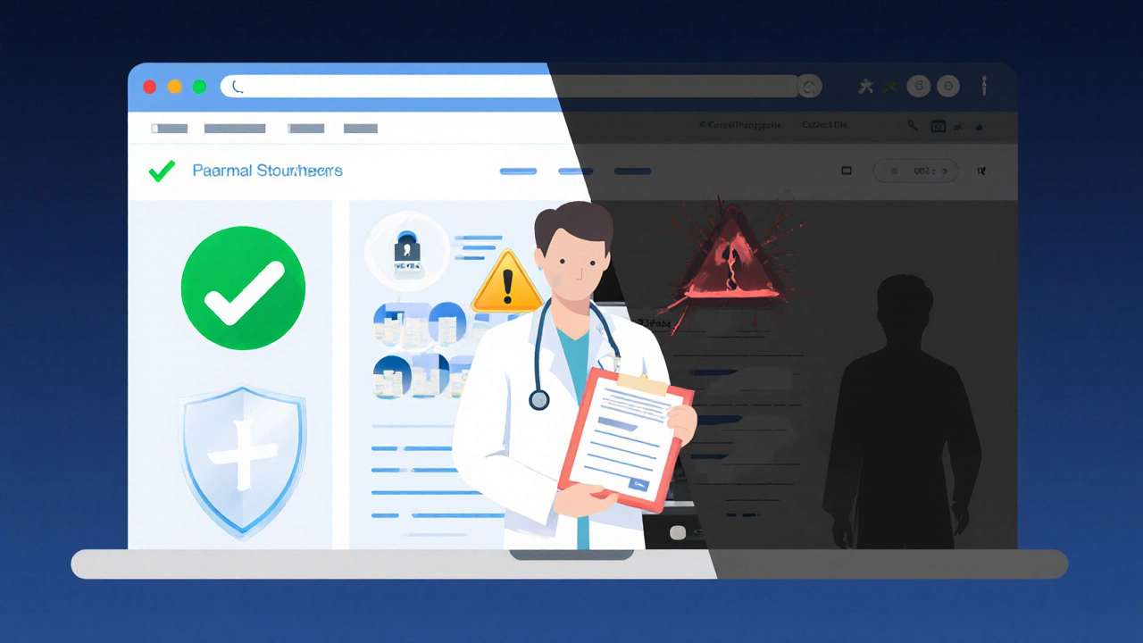 Illustration contrasting a legit pharmacy with a suspicious website.