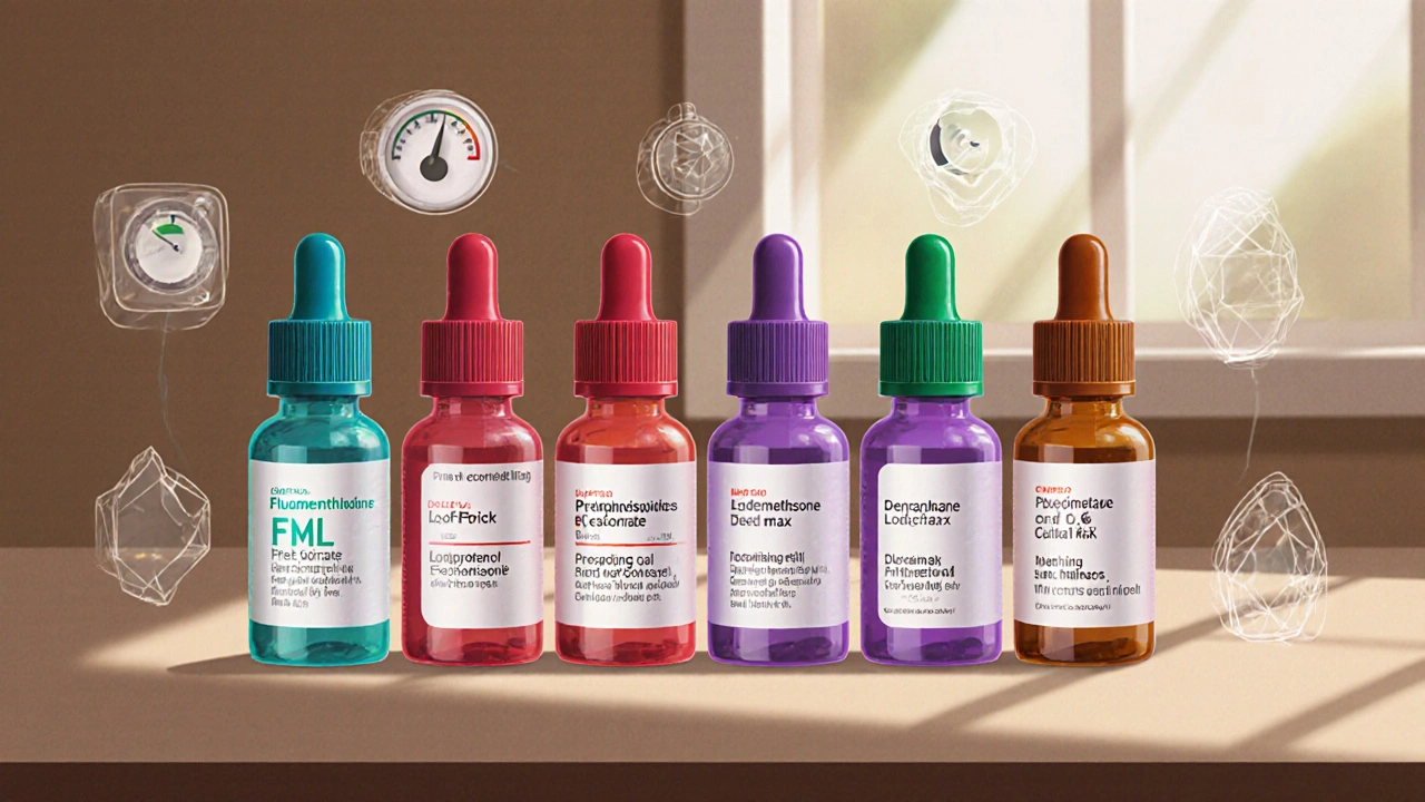 Illustration of five eye‑steroid bottles with icons indicating IOP and cataract risk.