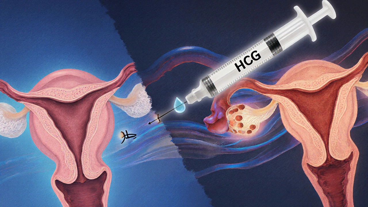 Illustration of HCG acting on a woman&#039;s ovary and a man&#039;s testis with a syringe injecting the hormone.