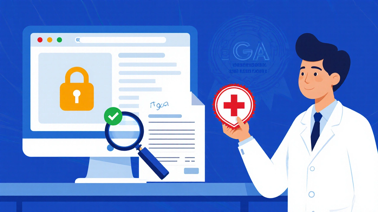Illustration of verification symbols: lock, checkmark, prescription paper and pharmacist reviewing online pharmacy.