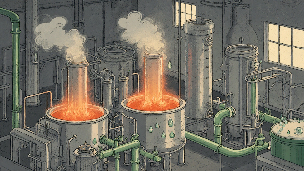 Industrial plant illustration with heated reactors, methanol vapor, and wastewater pipes.