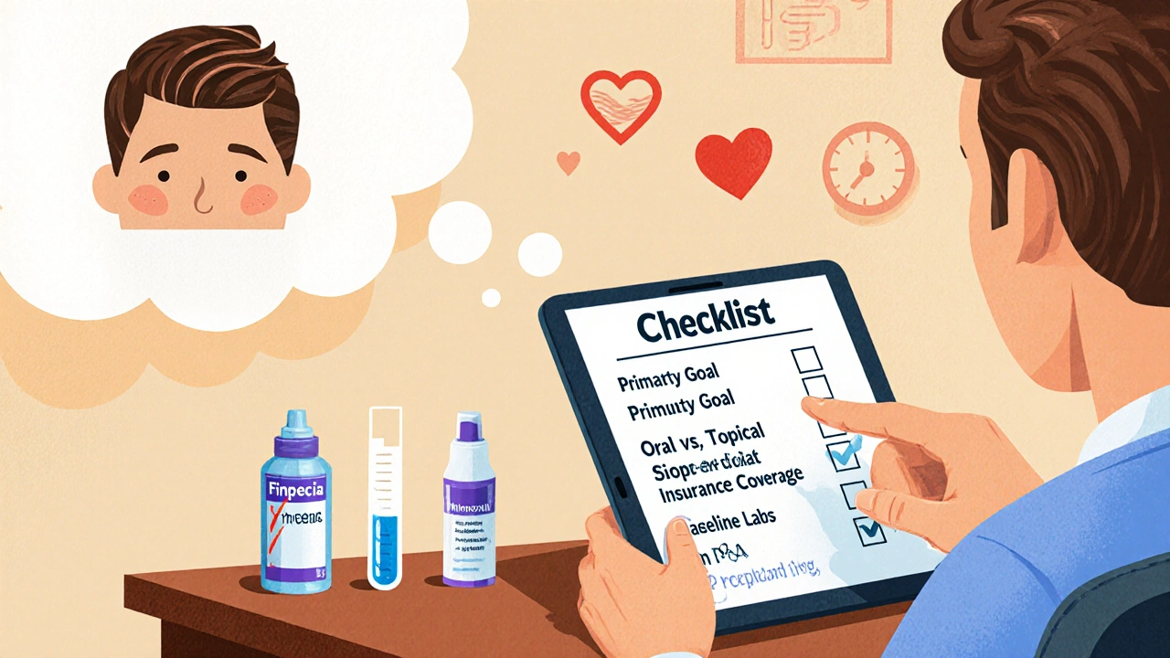 Man discusses treatment options with doctor, showing pills, foam and lab test.