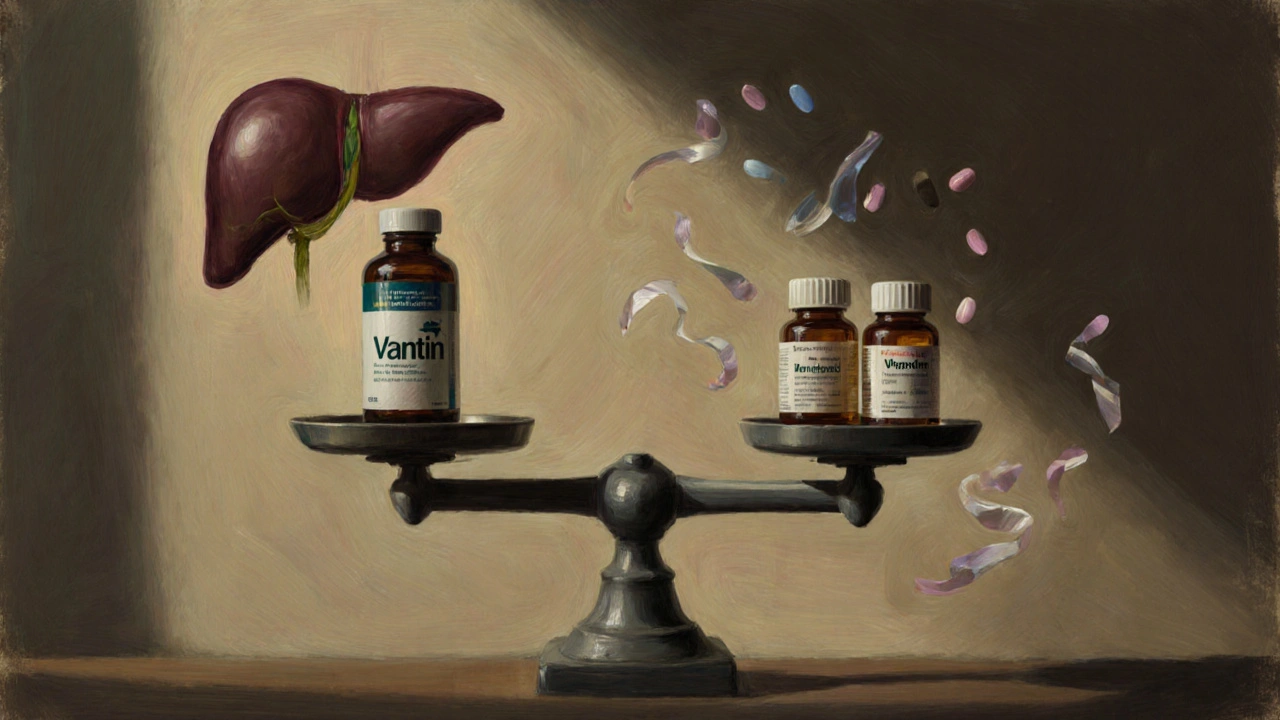 Oil painting of a scale balancing a Vantin bottle against cheaper pills, with subtle liver silhouette and gut‑flora motifs.