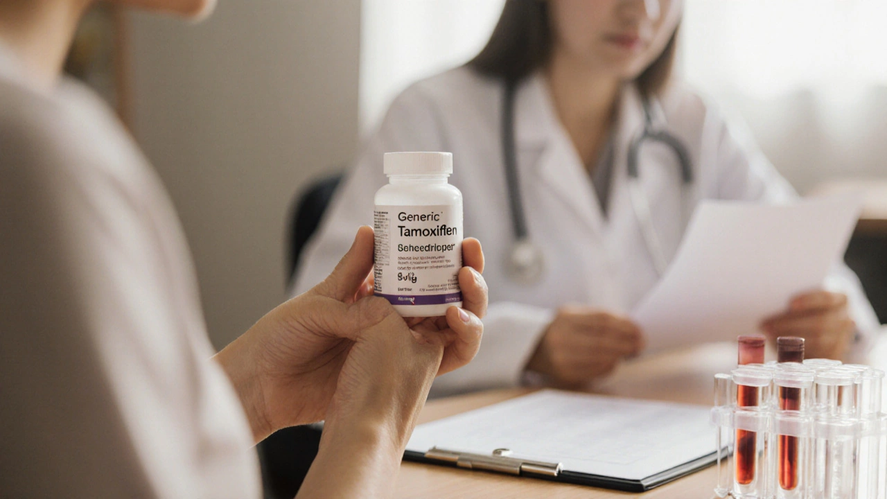 Patient holding generic tamoxifen bottle in doctor&#039;s office beside blood test tubes, emphasizing safety.