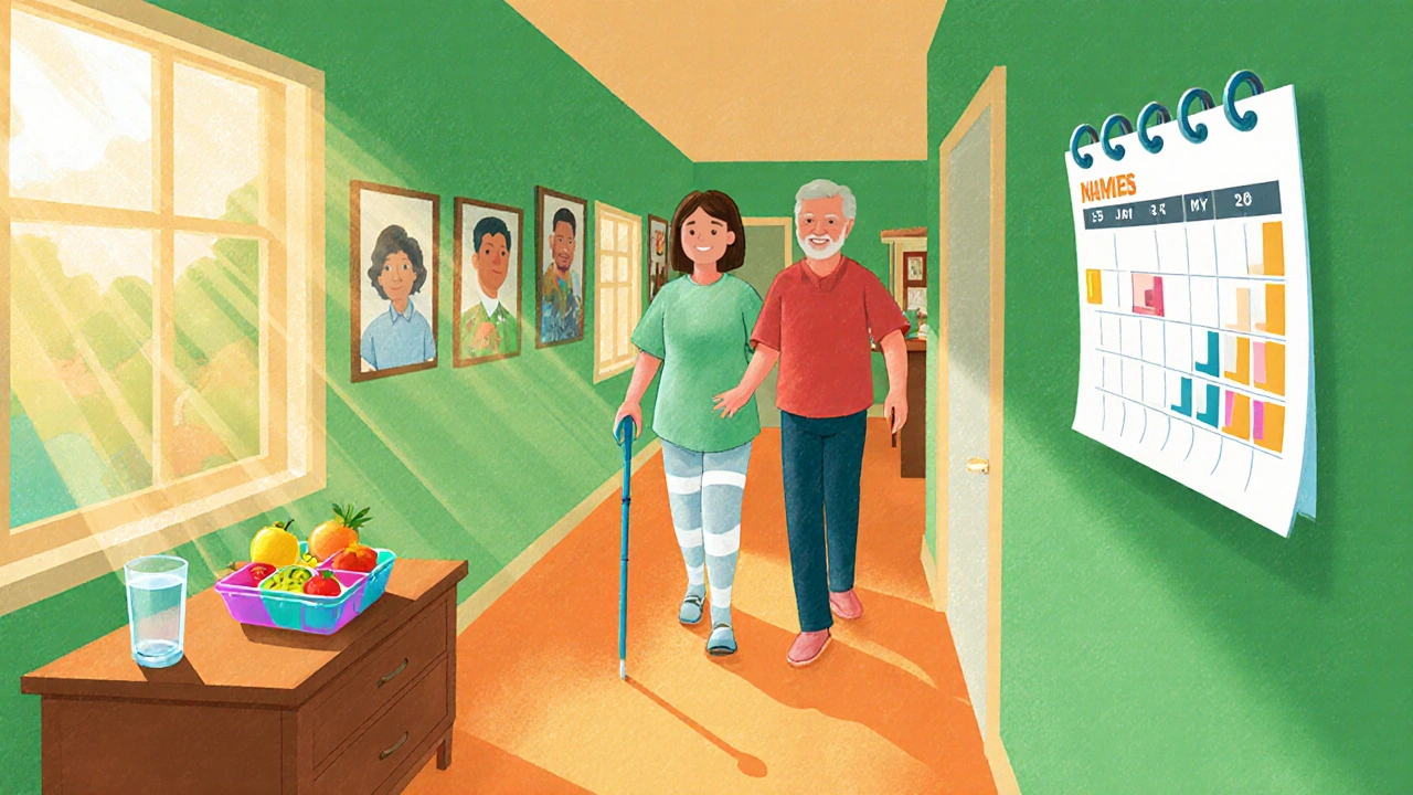 Patient in compression stockings walking at home with a pill organizer and supportive partner nearby.