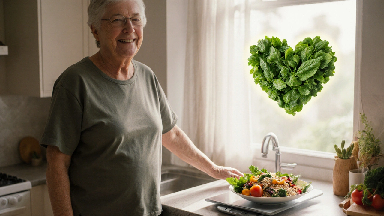 Person weighing themselves near healthy food, heart silhouette in background.