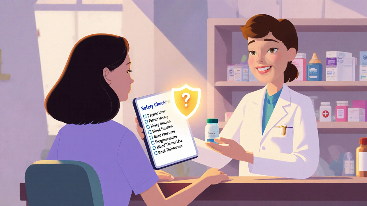 Pharmacist and patient reviewing a safety checklist for NSAIDs.