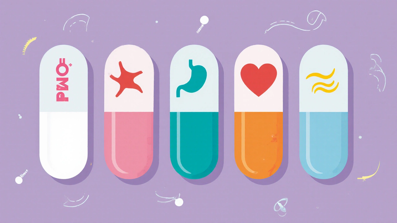 Row of five antibiotic pills with icons for stomach upset, rash, QT risk, and colored stool.