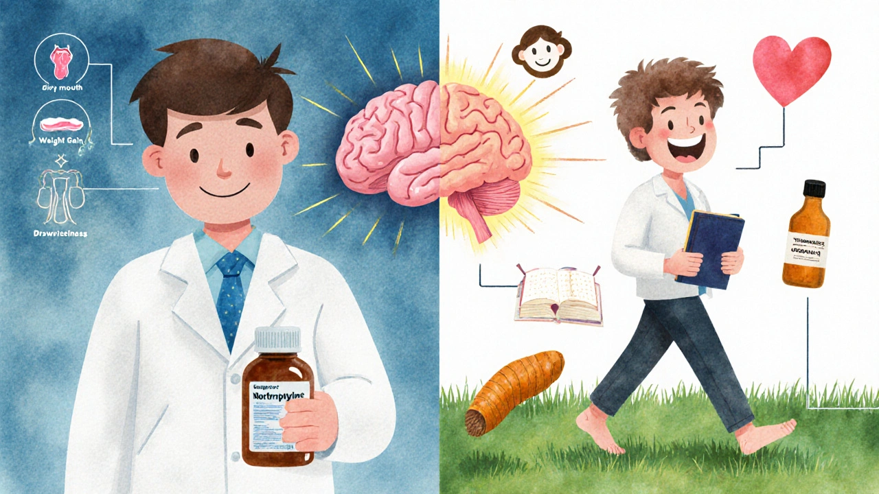 Split illustration showing side effects of medication versus natural wellness practices with a glowing brain.
