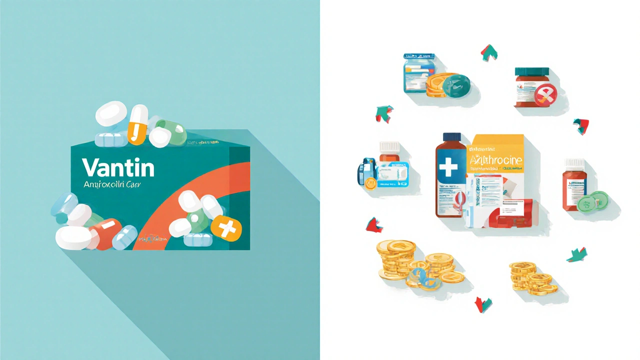 Split illustration showing Vantin capsules beside various alternative antibiotic pills with coverage and cost icons.