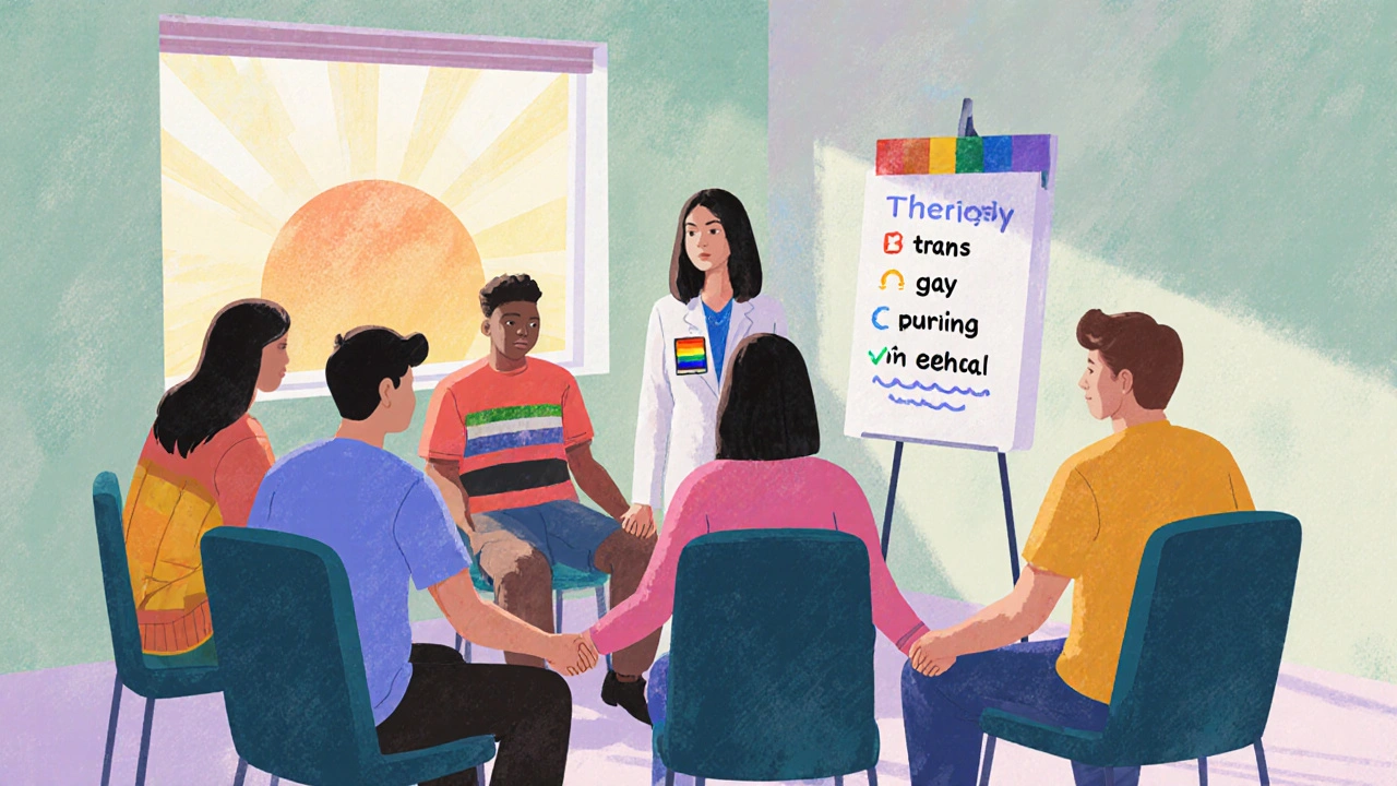 Supportive therapy circle with diverse LGBTQ+ members and an affirming therapist.