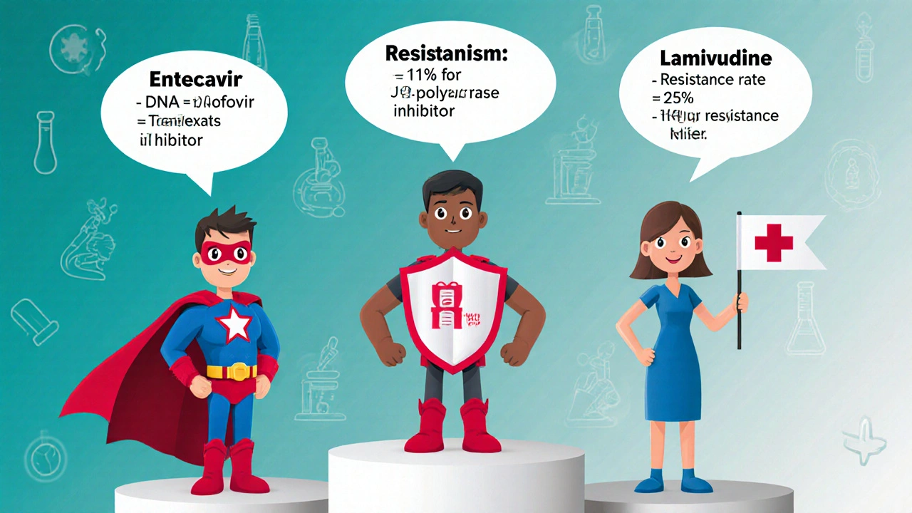 Three cartoon drug characters compare Entecavir, Tenofovir, and Lamivudine with key facts.