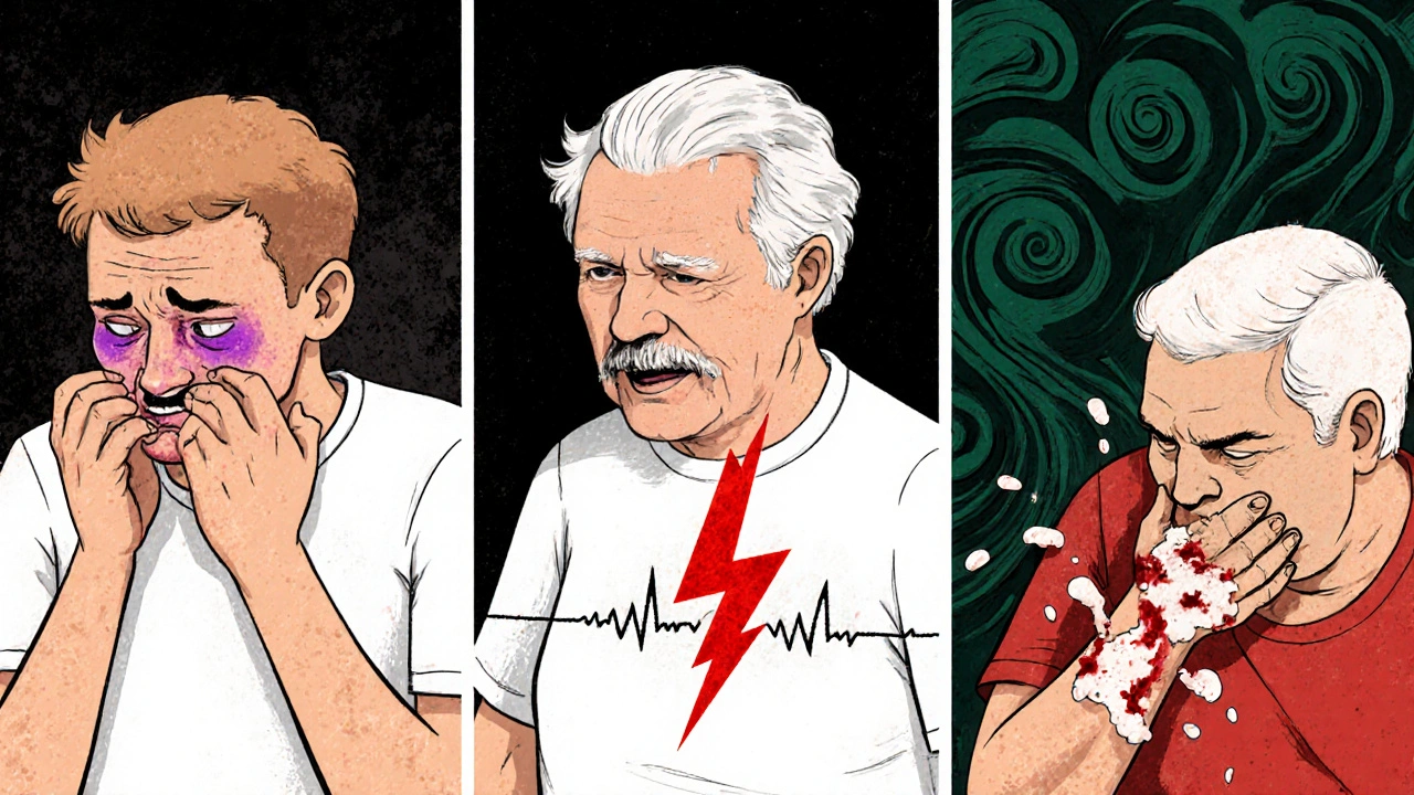 Three people showing anaphylaxis, chest pain, and vomiting blood.