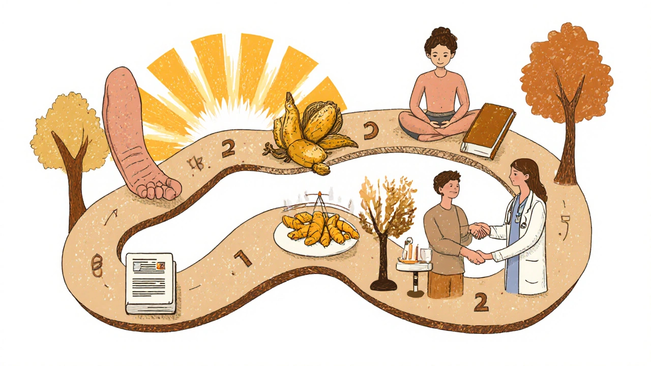 Timeline path through seasons showing daily habits leading to holistic health and medical consultation.