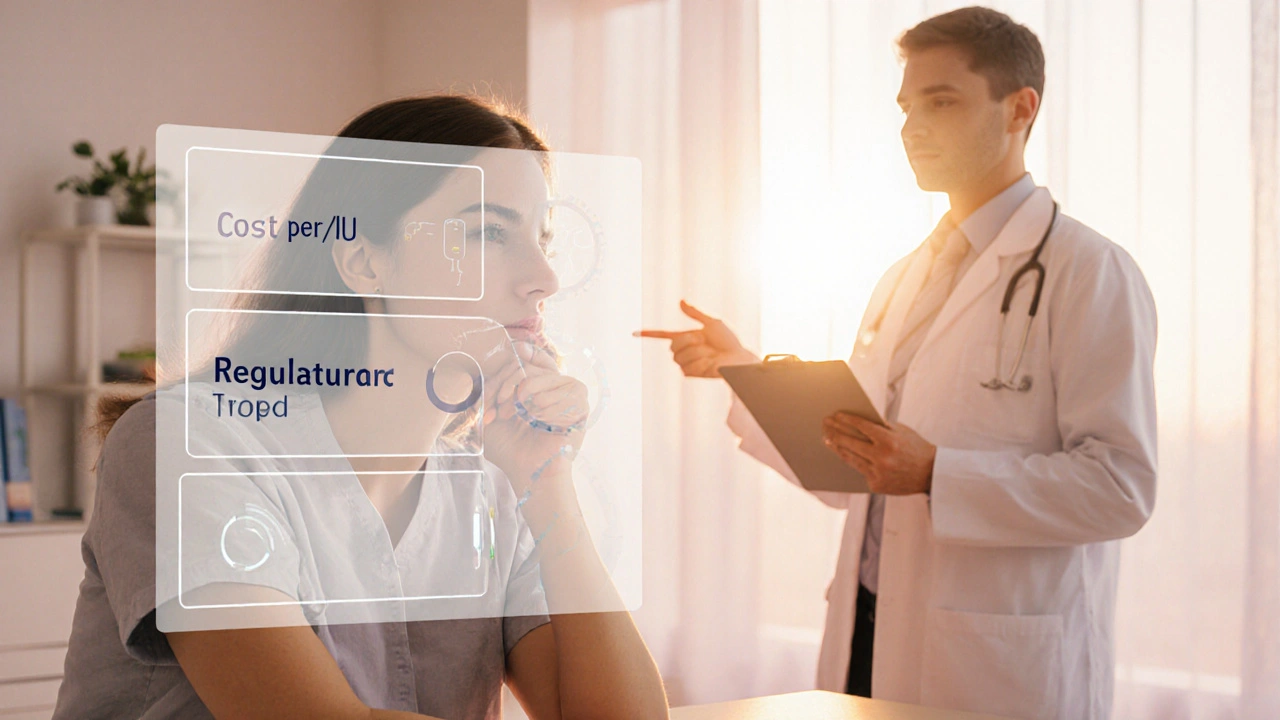 Woman contemplating a holographic chart of cost, regulation, and method while a clinician points.