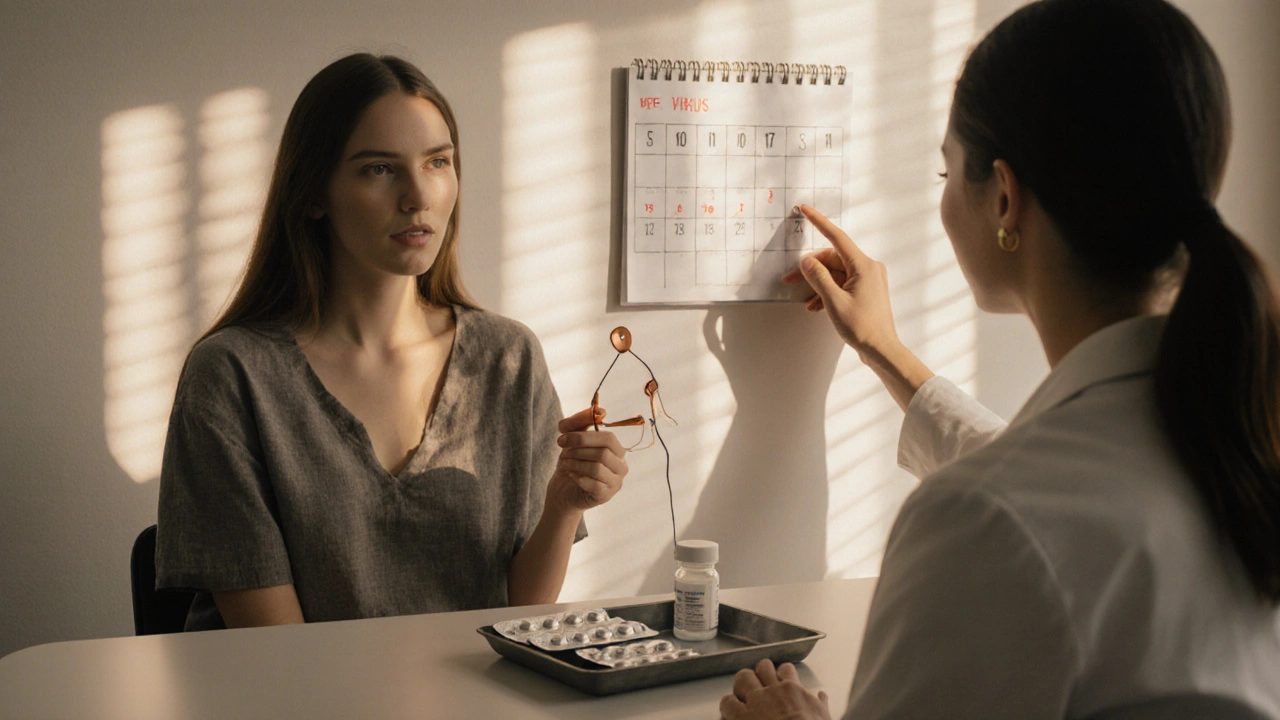 Woman in clinic holding a copper IUD while doctor points to a five‑day calendar.