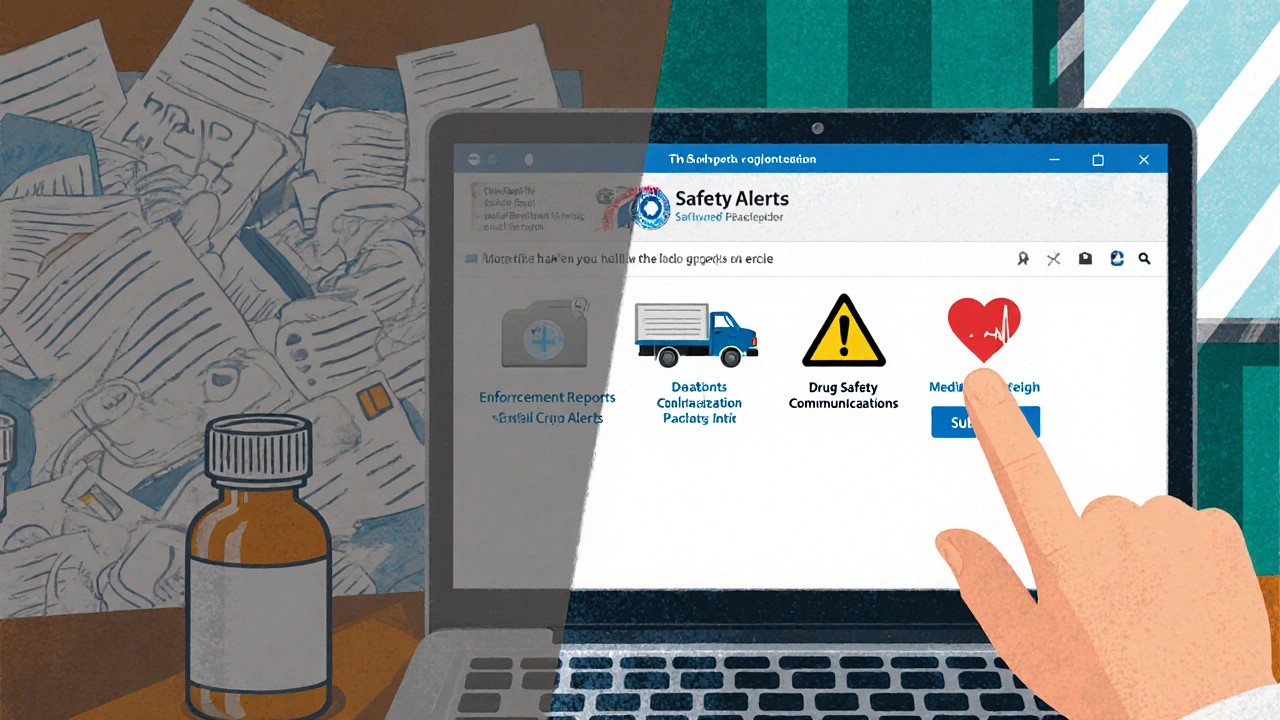 A cluttered inbox contrasts with a clean FDA alerts folder on a laptop, showing subscription icons for recalls, safety warnings, and MedWatch.
