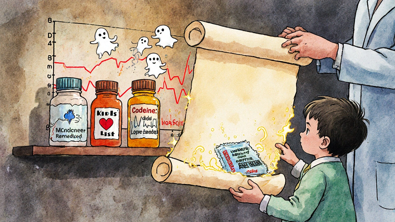 A doctor shows a KIDs List to a parent, with dangerous medications glowing warnings and safer alternatives nearby.