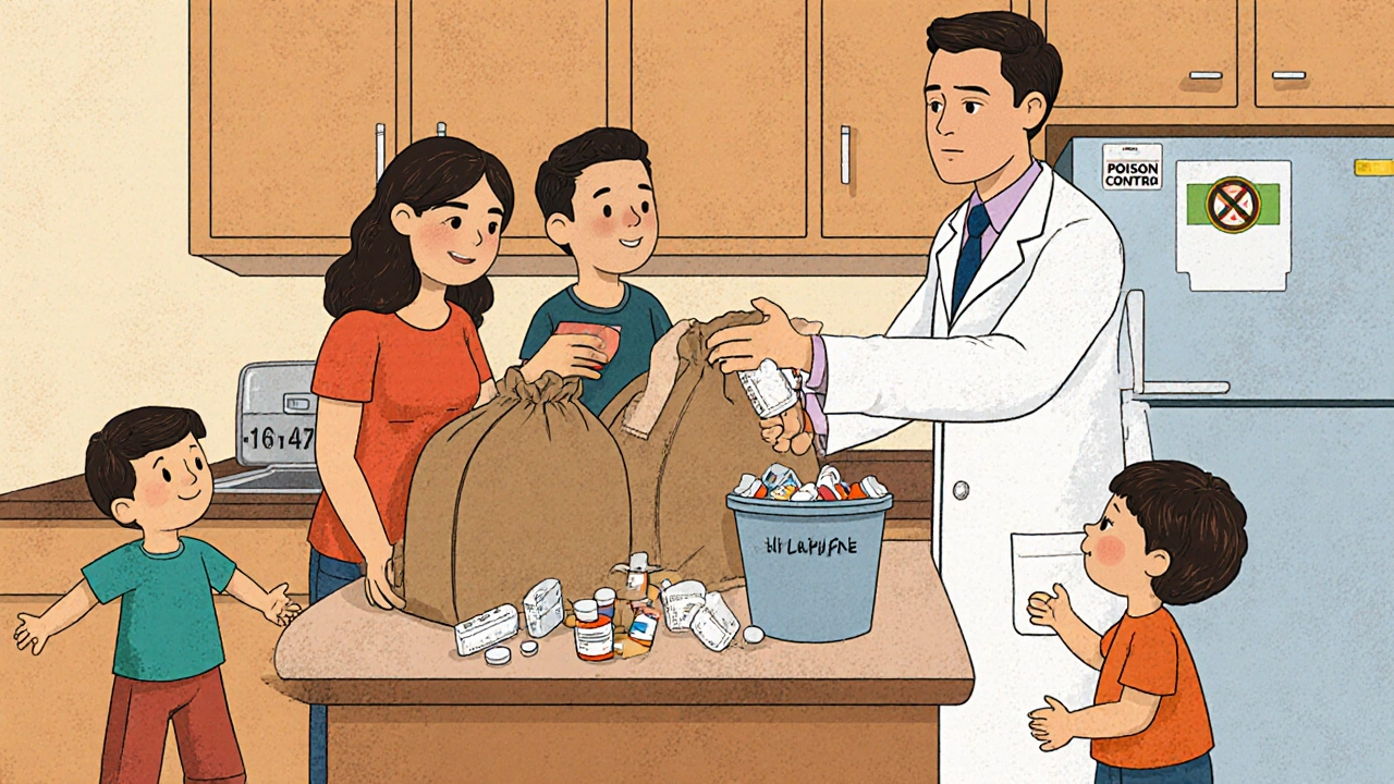 A family and pharmacist disposing of old meds, with poison control info on the fridge.