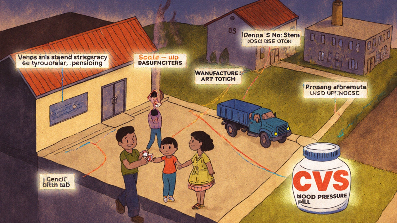 A family receives a low-cost generic pill at CVS, connected by a timeline to the drug&#039;s manufacturing journey.