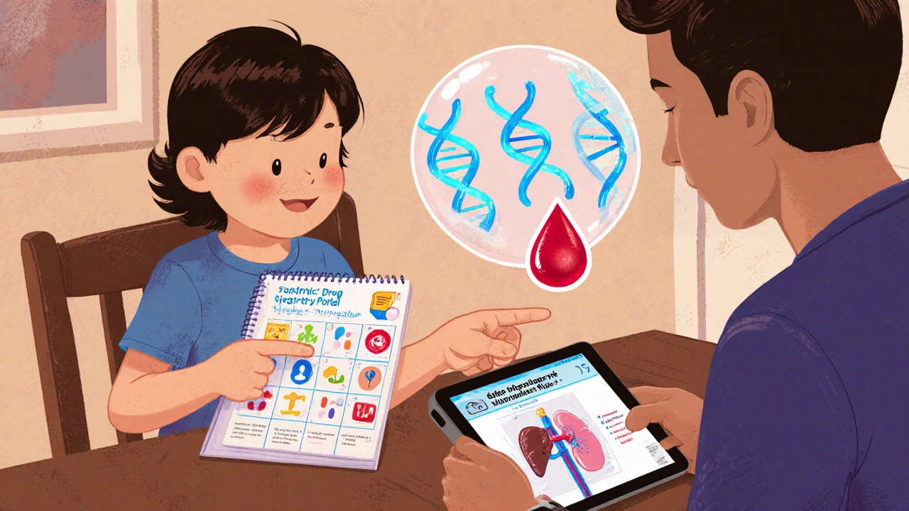 A family reviews a medication diary and safety portal, with genetic and body system overlays illustrating drug metabolism.
