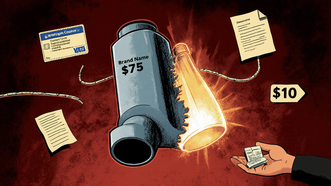 A giant inhaler lifeline breaking on one side and glowing strong on the other, symbolizing affordable medicine.