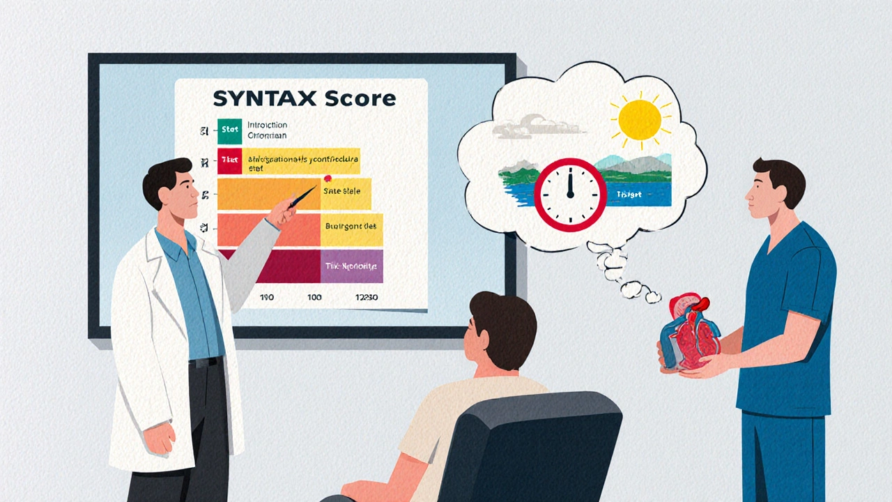 A heart team of cardiologist and surgeon discussing a patient&#039;s SYNTAX score with visual pathways.