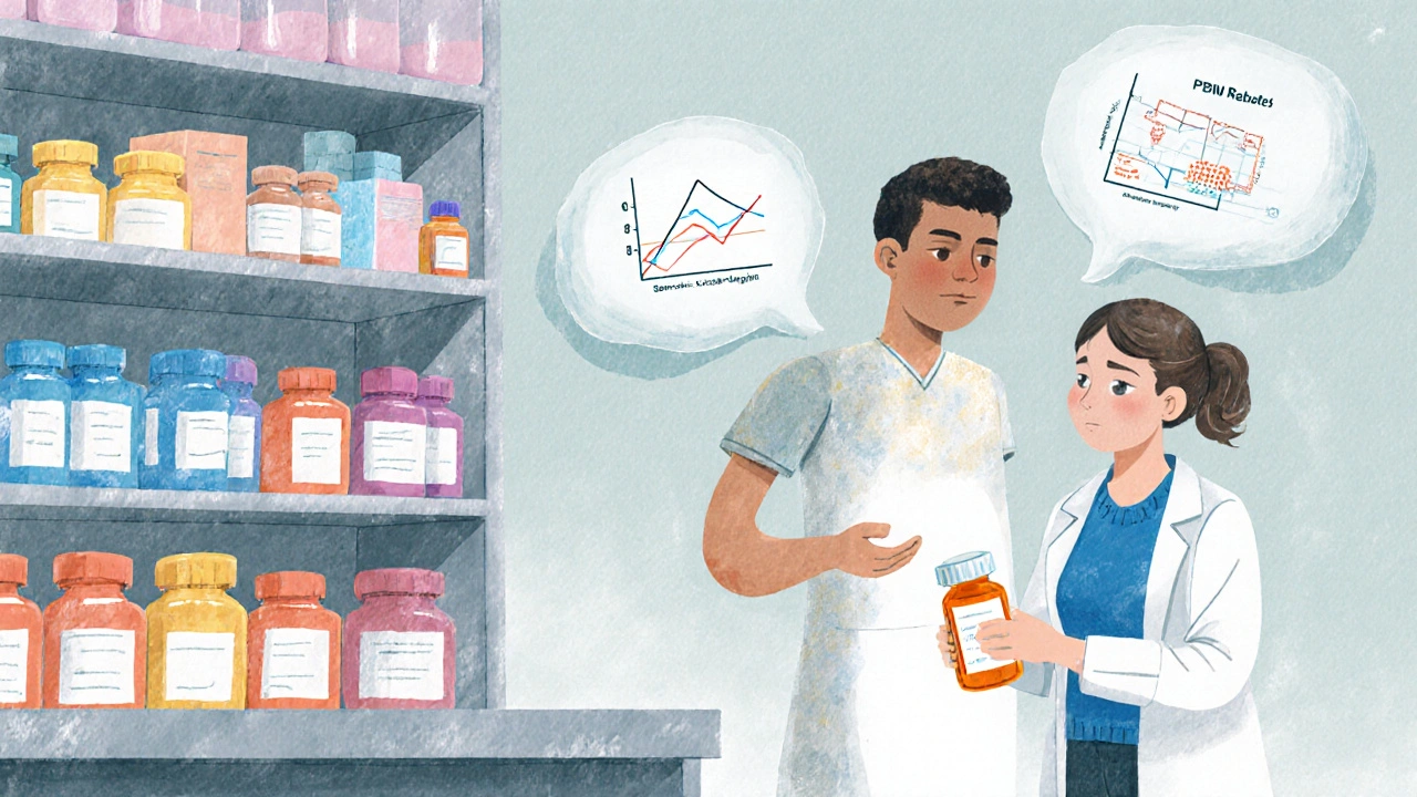 A pharmacist explains generic medication to a patient at a pharmacy shelf with floating data overlays.