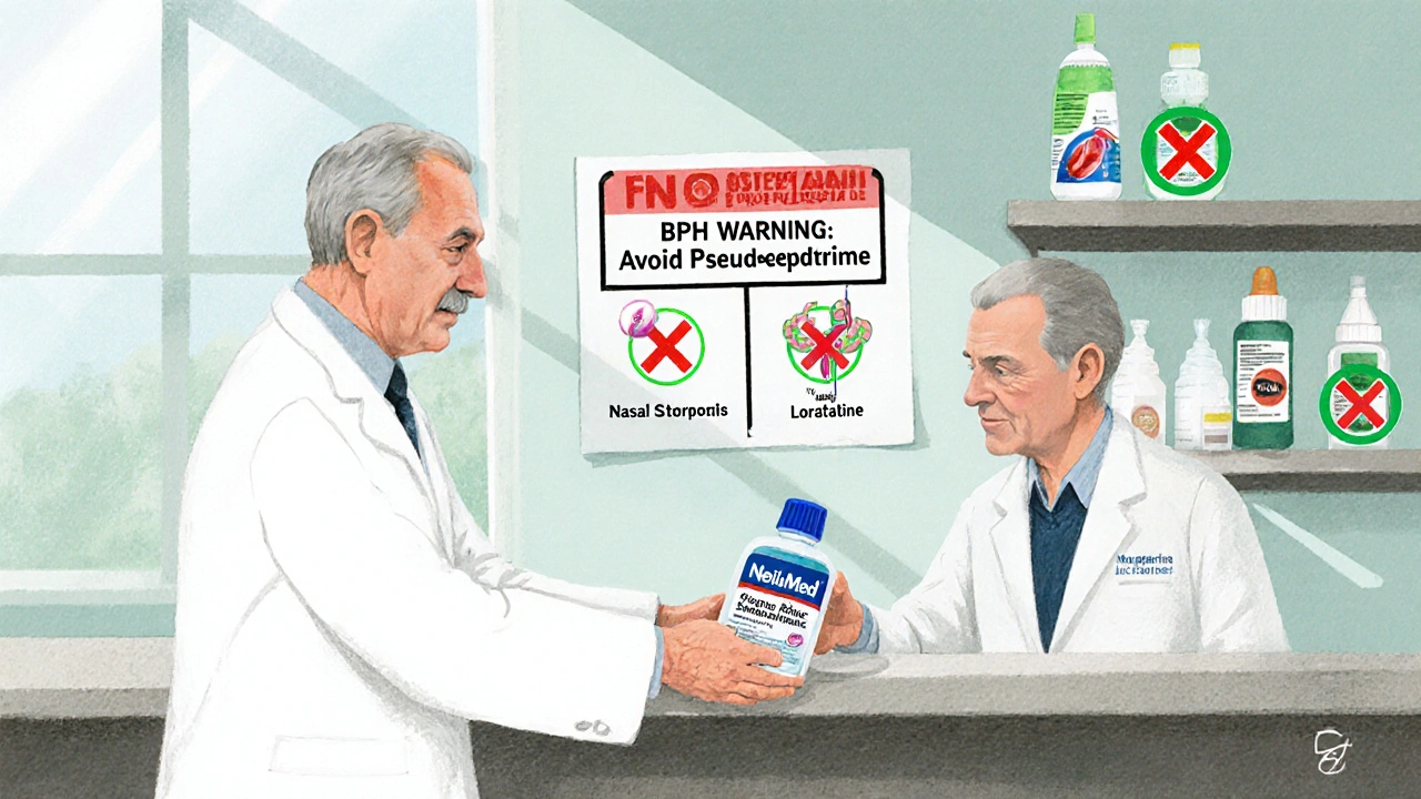 A pharmacist handing a saline rinse to an older man, with warning signs and safer medication options visible in the background.